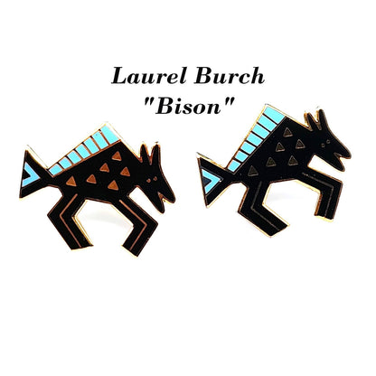Vintage Laurel Burch "Bison" Post Earrings, Black Blue Enamel, Gold Plated