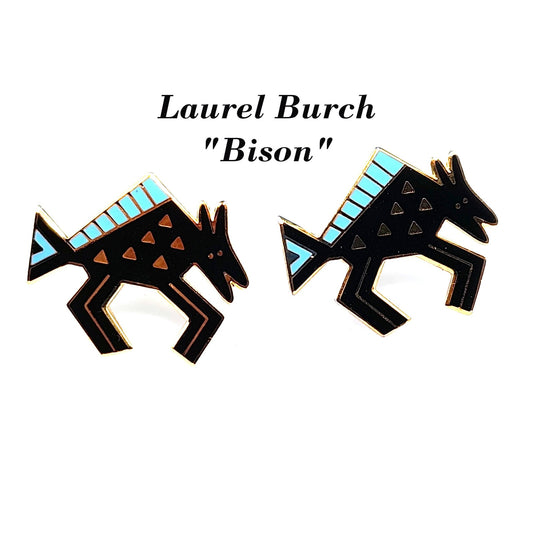 Vintage Laurel Burch "Bison" Post Earrings, Black Blue Enamel, Gold Plated