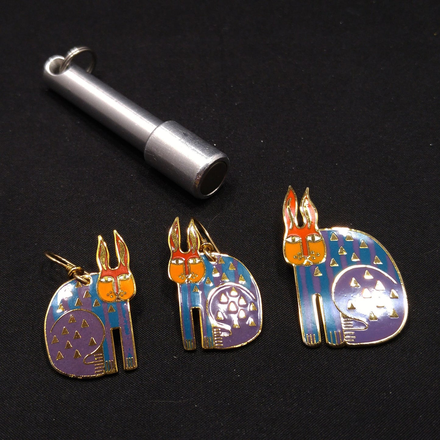 Laurel Burch "Rabbit For Ross" Brooch & Earring Set, Rainbow Enamel, Gold Plated, 1980s