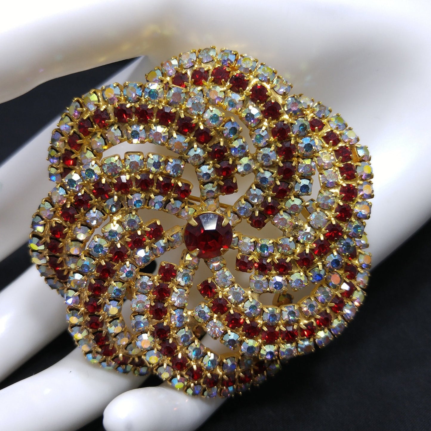 Vintage Pinwheel Rhinestones Brooch, AB Clear Red Rhinestones, Gold Plated, 1960s