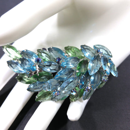 Turquoise & Green Rhinestone Brooch, Rhodium Plated, 1960s Vintage Jewelry