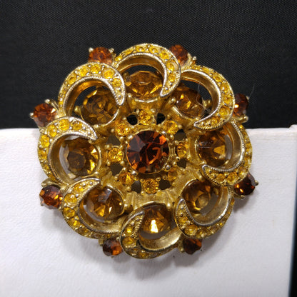 Mid-century SPHINX Light Dark Topaz Rhinestone Brooch, 1950s Vintage Jewelry