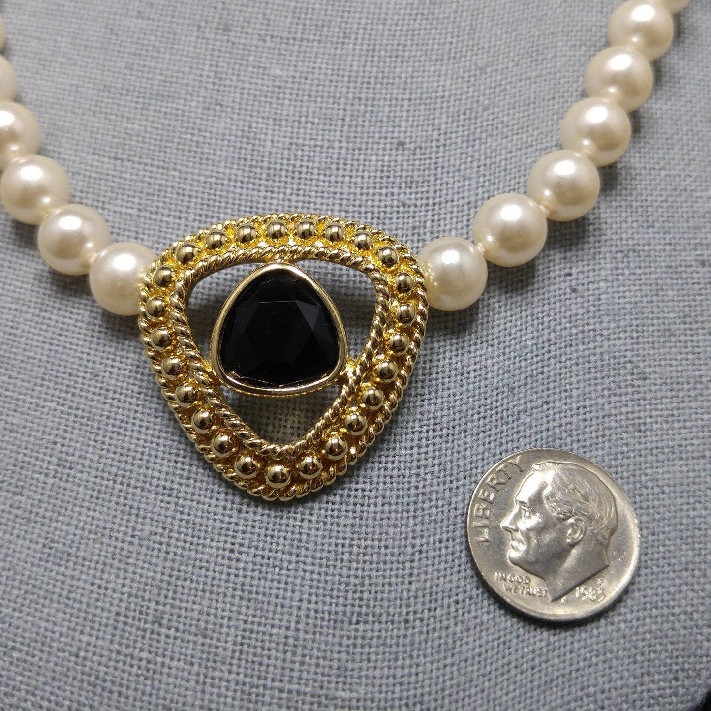 Swarovski Faux Pearl Necklace with Black Crystal Pendant, Gold Plated, 1990s Vintage