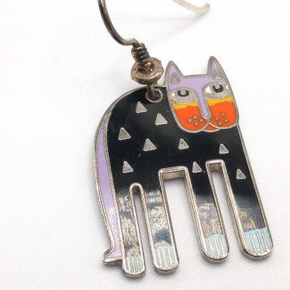 Laurel Burch "Alexander's Animal" Cat Earrings, Rhodium Plated Enamel, 1980s Vintage Jewelry