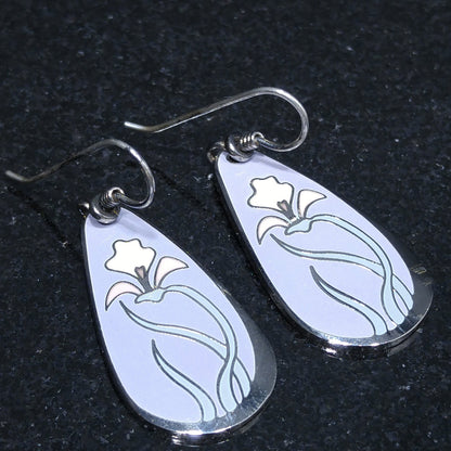 Laurel Burch "Wild Iris" Cloisonne Earrings, Enamel in Lavender White & Pink