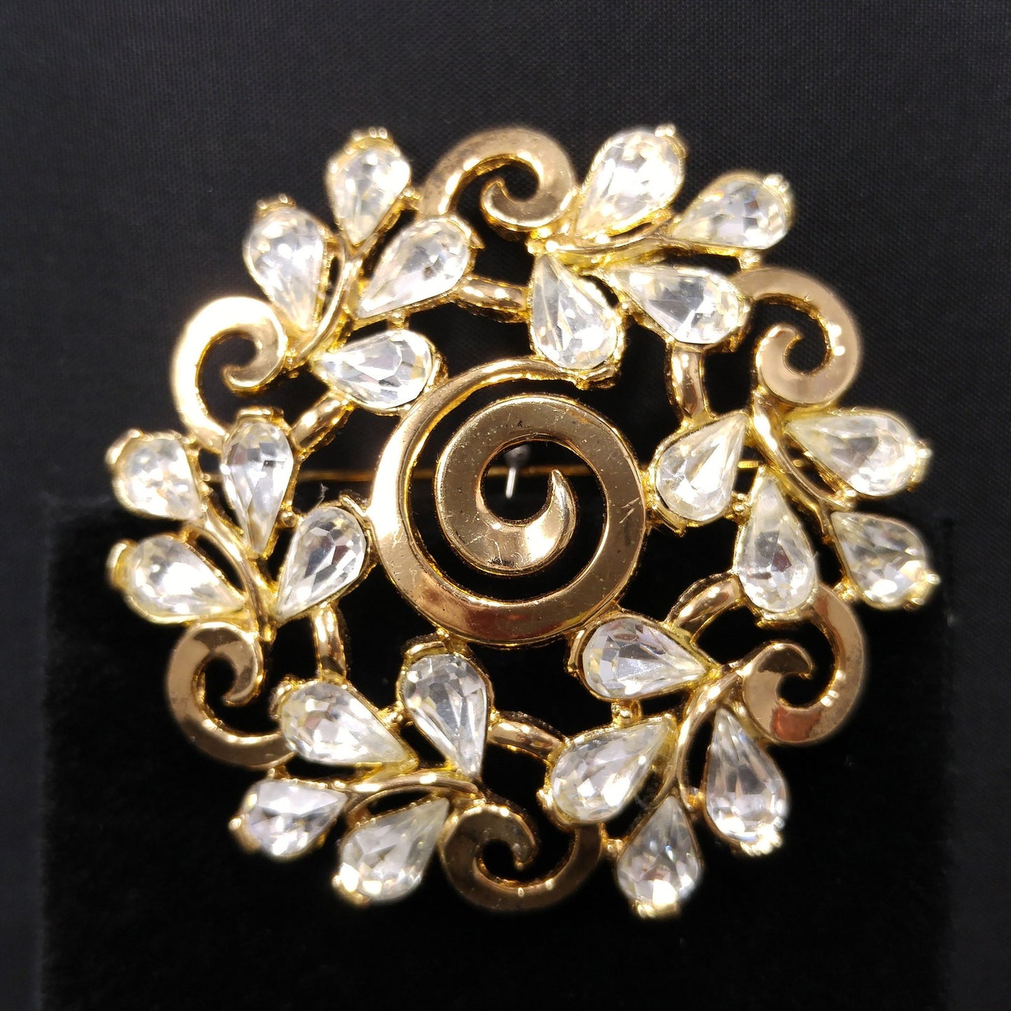 Crown Trifari Floral Brooch, Gold Plated, Clear Rhinestones, 1960s Vintage