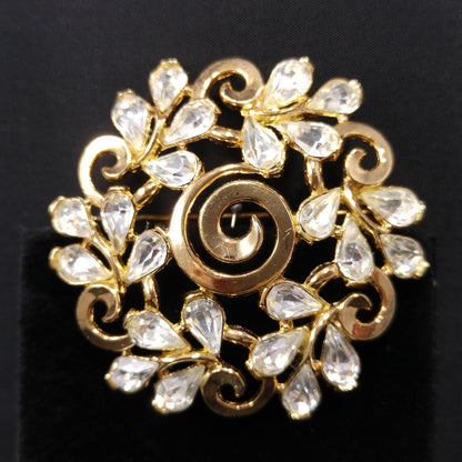 Crown Trifari Floral Brooch, Gold Plated, Clear Rhinestones, 1960s Vintage