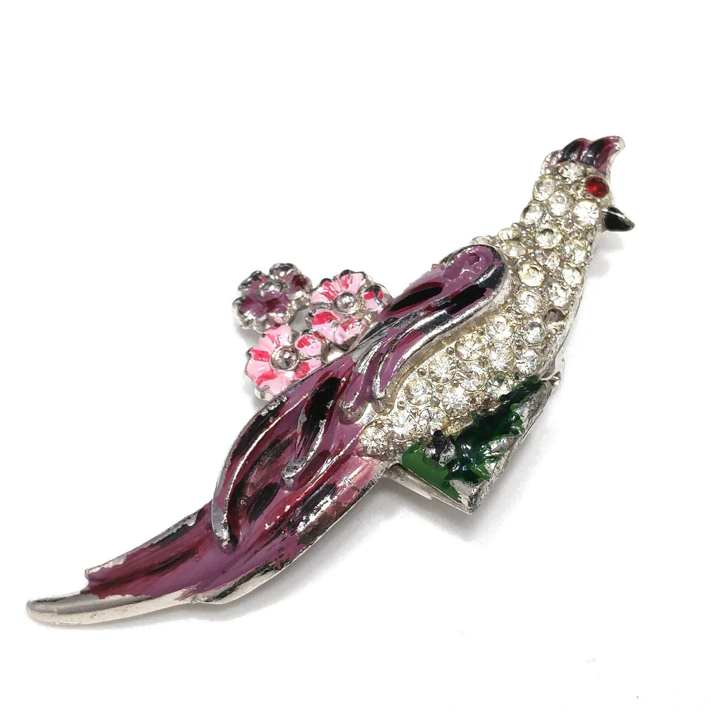 Duette Bird Brooches, Unsigned, Coro Style, Set of Two, Rhinestone and Enamel, 1940s Vintage Jewelry