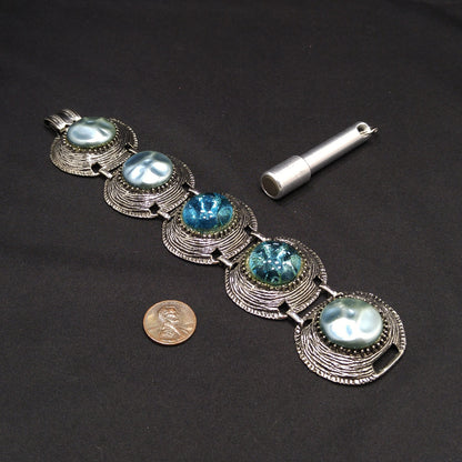 Mid-century Silver Tone Five Link Bracelet, Gold Plated, Blue Lucite Pearled & Clear