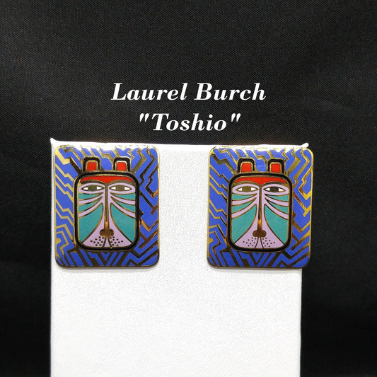 Laurel Burch "Toshio" Post Earrings, Gold Plated & Enamel Cloisonné, 1980s Vintage Jewelry