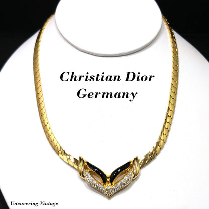 Vintage Christian Dior Germany Mask Pendant Necklace, Gold Plated, Black Enamel