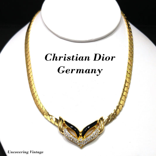 Vintage Christian Dior Germany Mask Pendant Necklace, Gold Plated, Black Enamel