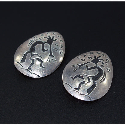 Navajo Clip Earrings, Sterling Silver Kokopelli, Della & Francis James, 1960s
