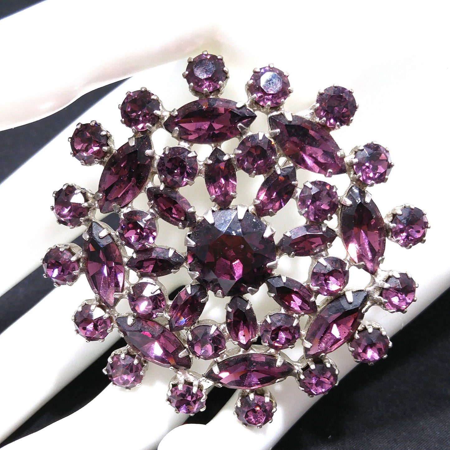Purple Snowflake Flower Rhinestone Brooch, Rhodium Plated, 1960s Vintage Jewelry