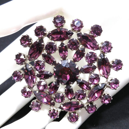 Purple Snowflake Flower Rhinestone Brooch, Rhodium Plated, 1960s Vintage Jewelry