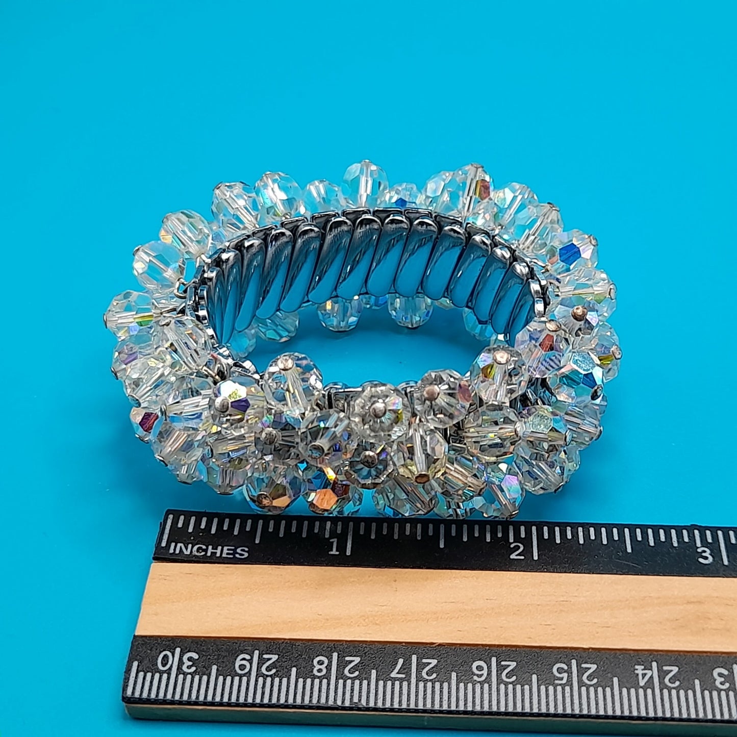 Vintage Japan Expandable Bracelet, Clear Crystal Beads, Cha Cha, 1960s Jewelry