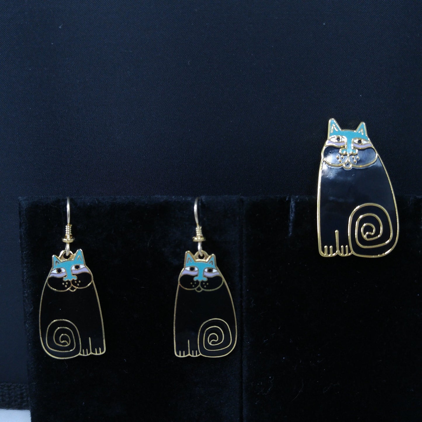 Laurel Burch "Olivia" Cat Earrings & Pendant Brooch Combo, 1980s Vintage Jewelry