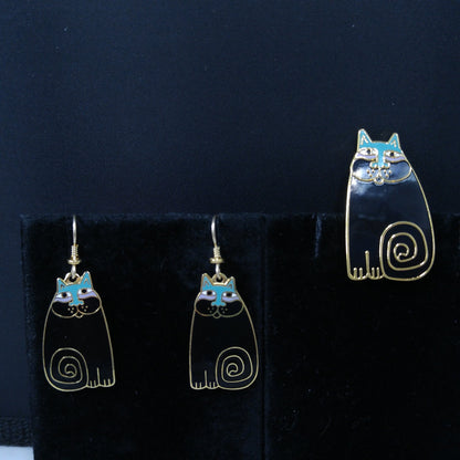 Laurel Burch "Olivia" Cat Earrings & Pendant Brooch Combo, 1980s Vintage Jewelry