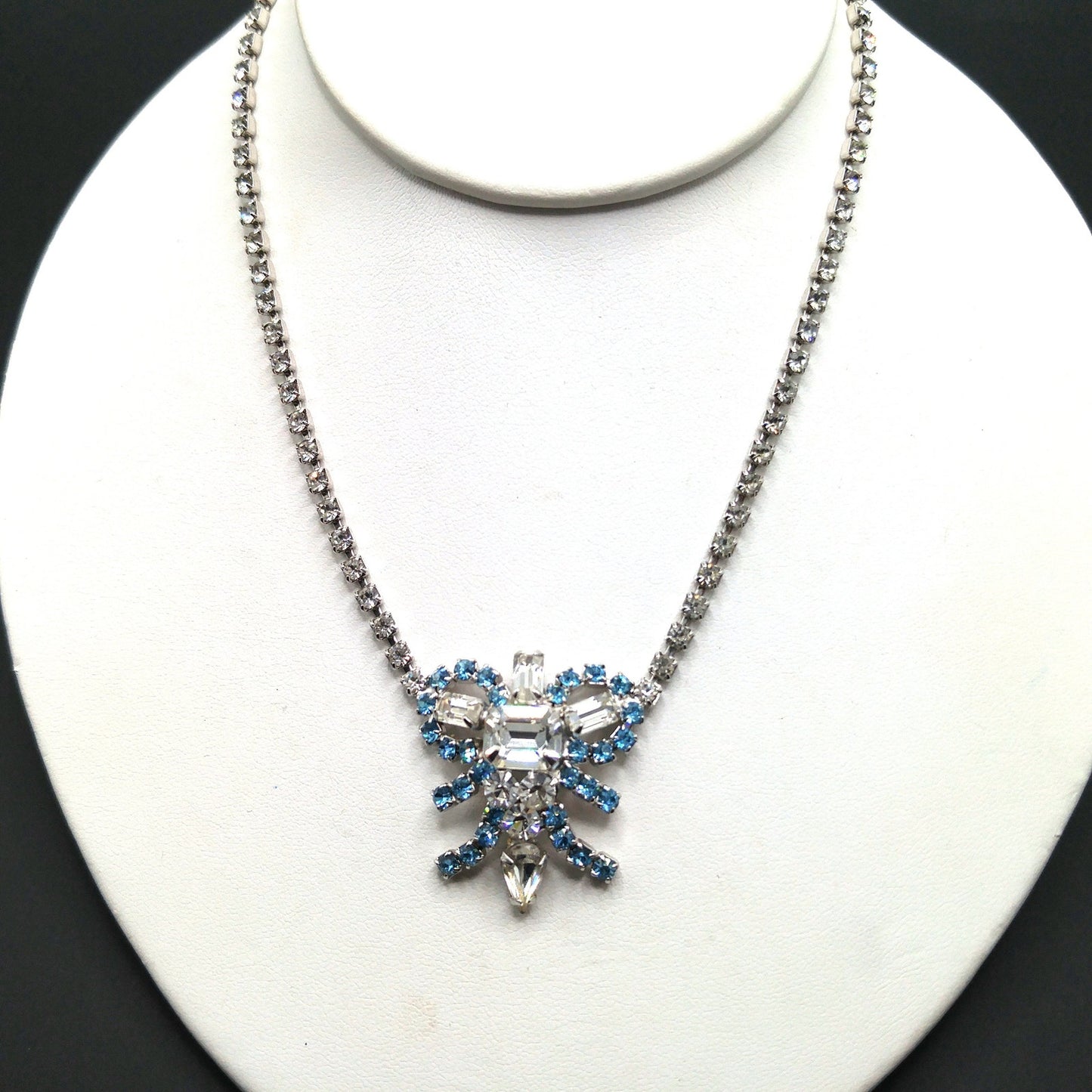Mid-Century Turquoise Blue Clear Rhinestone Choker Necklace, Rhodium Plated, 1960s Vintage Jewelry