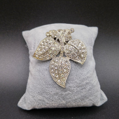 Leaves Clear Rhinestone Dress Clip, Pot Metal, 1930s Vintage Jewelry
