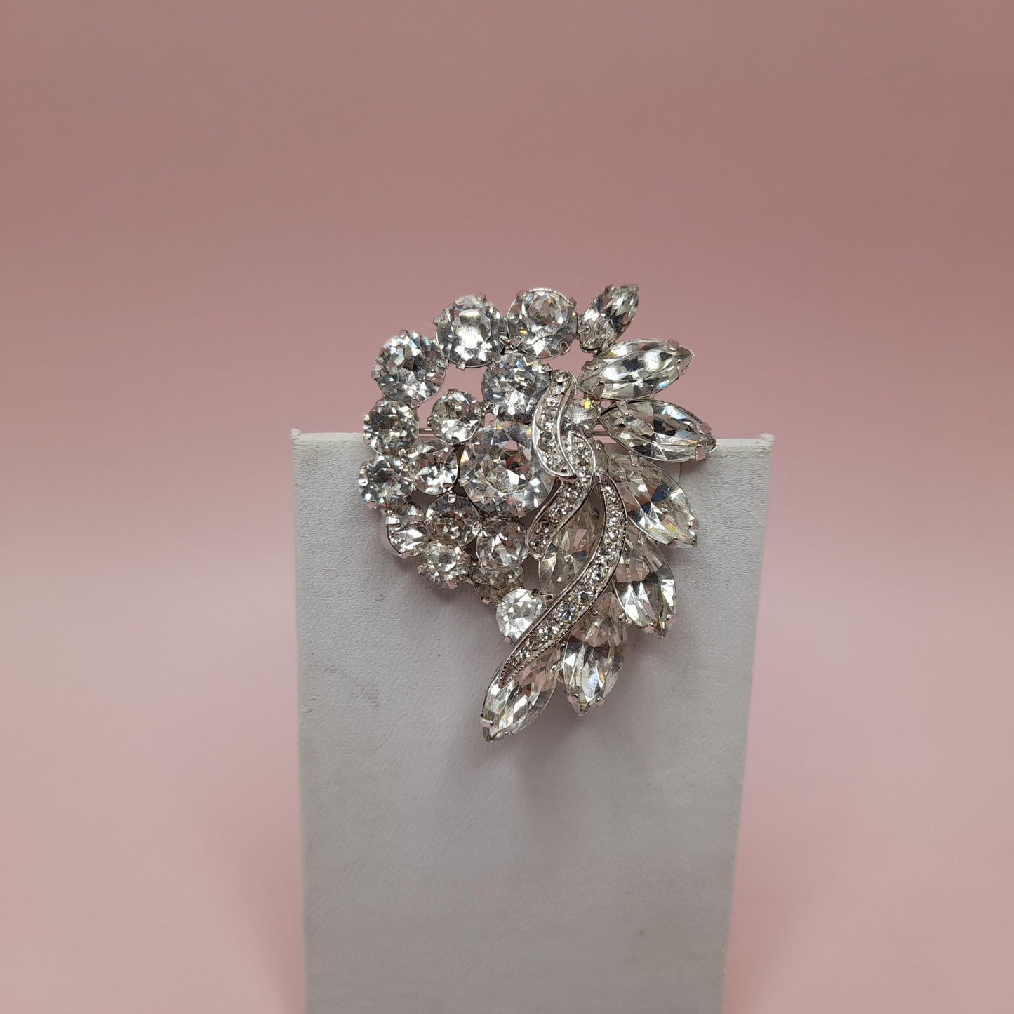 Vintage Clear Rhinestone Brooch, Rhodium Plated, 1960s, 2 1/4 Inches