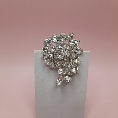 Vintage Clear Rhinestone Brooch, Rhodium Plated, 1960s, 2 1/4 Inches