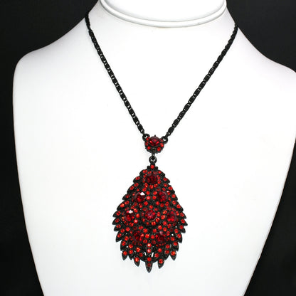 Rare Hollycraft Red Rhinestone Pendant Necklace, Black Enamel Japanned, 1950s Vintage Jewelry