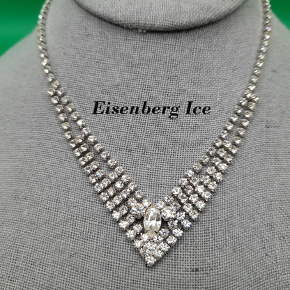 Eisenberg Ice Clear Rhinestone Necklace, Mid-Century Rhodium Plated, 1960s Vintage Jewelry