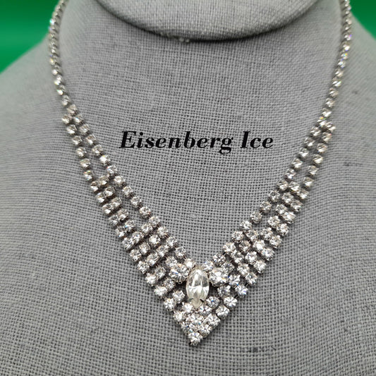 Eisenberg Ice Clear Rhinestone Necklace, Mid-Century Rhodium Plated, 1960s Vintage Jewelry
