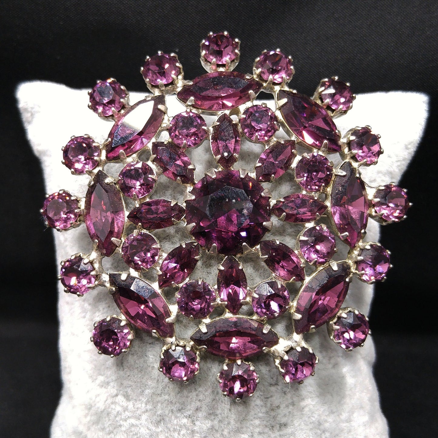 Purple Snowflake Flower Rhinestone Brooch, Rhodium Plated, 1960s Vintage Jewelry