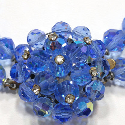 Vintage 1950s Aurora Borealis Blue Crystal Beaded Two-Strand Choker Necklace – Rhinestone Clasp