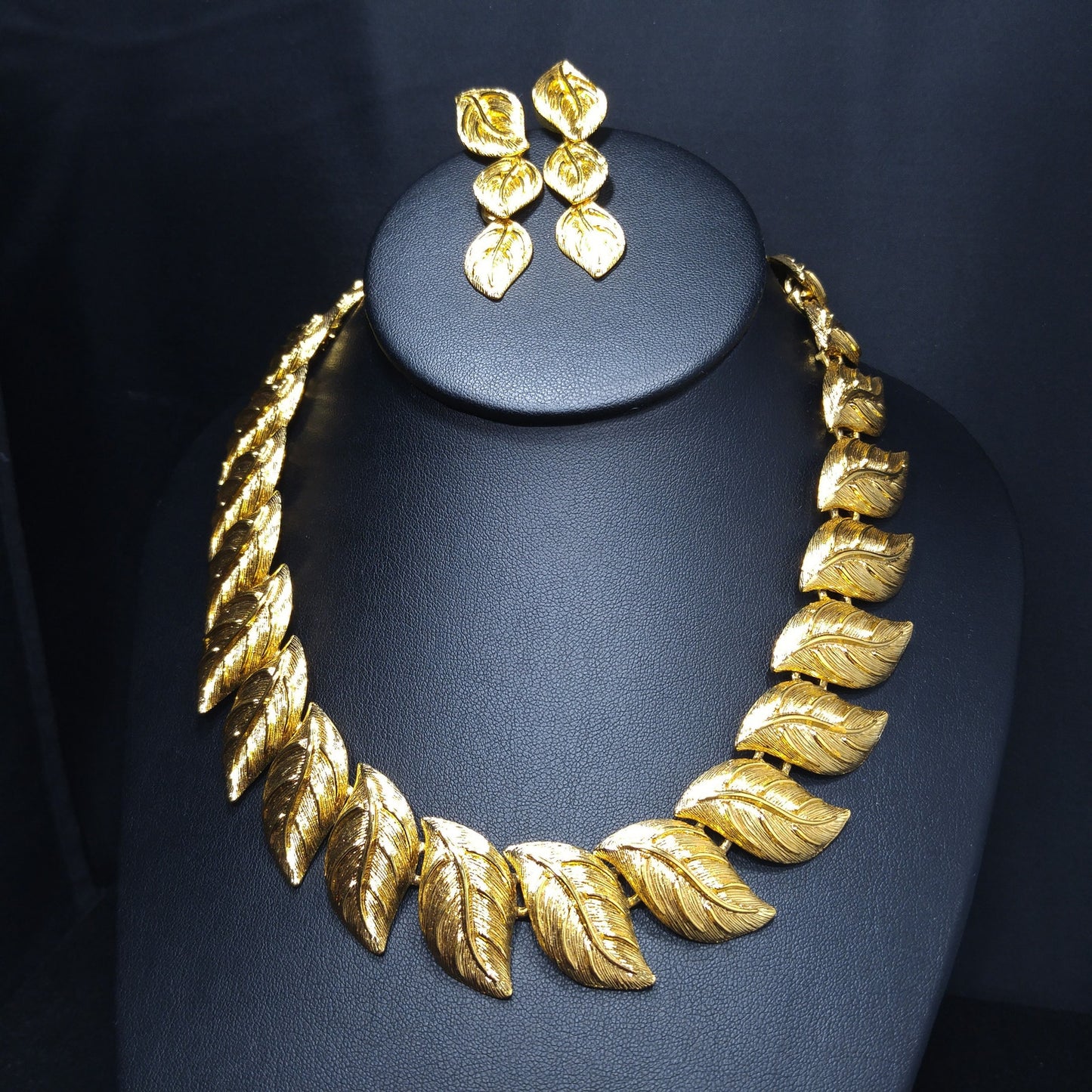 Napier Leaf Necklace and Drop Earrings, Post Earrings, Gold Plated, 1980s