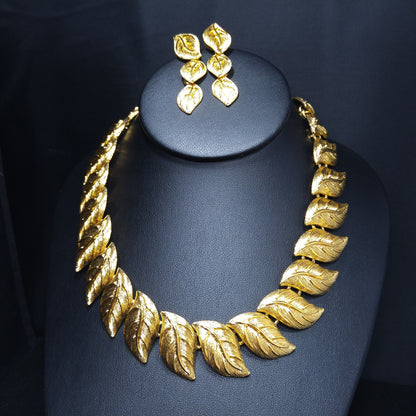 Napier Leaf Necklace and Drop Earrings, Post Earrings, Gold Plated, 1980s