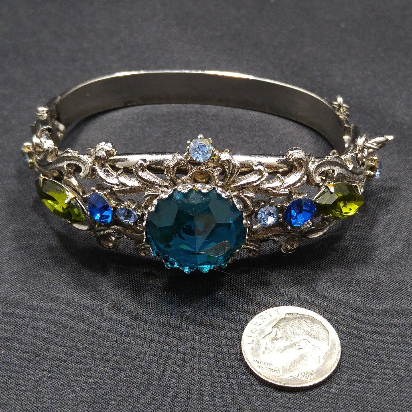 Teal Rivoli Rhinestone Hinged Bracelet, Safety Chain, Rhodium Plated, 1960s Vintage Jewelry