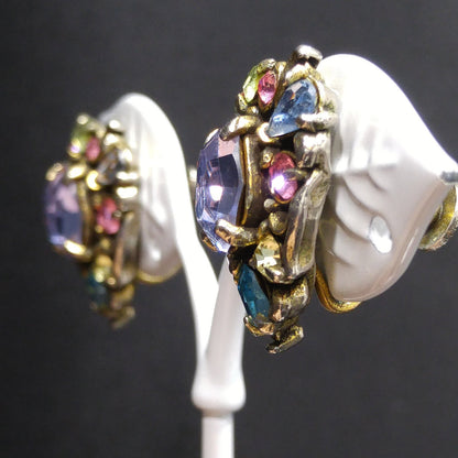 Hollycraft Pastel Rhinestone Earrings, Signed Copr 1950, Vintage Jewelry