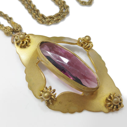 Antique 1900s Purple Glass Pendant Necklace Brass Open Back Art Nouveau Style