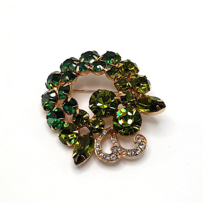 Vintage Weiss Green Rhinestone Brooch, Gold Plated, 1960s, 2"