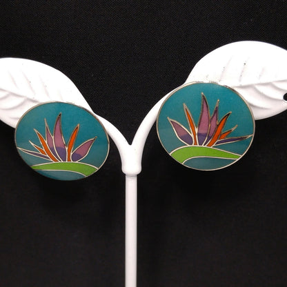 Vintage Laurel Burch Bird of Paradise Post Earrings, Silver Tone Cloisonné