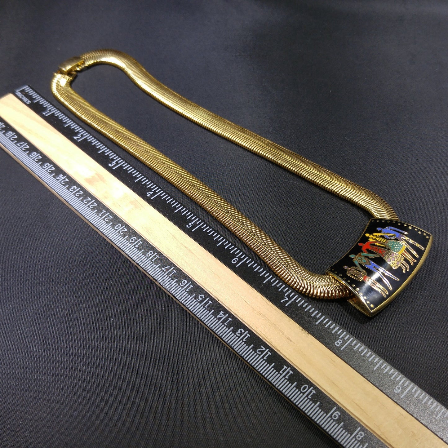 Laurel Burch "Familia" Cloisonne Necklace, Gold Plated Omega Chain, 1980s