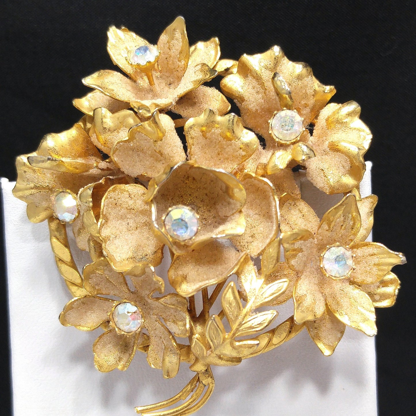 Austria Floral Brooch, Aurora Borealis Rhinestones, Gold Plated Flowers, 1960s Vintage Jewelry
