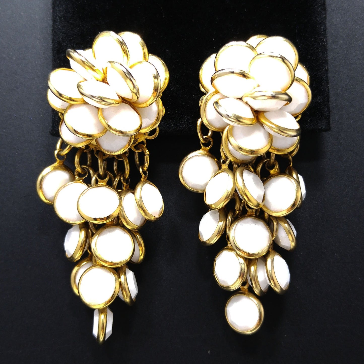 Vintage Sorrelli White Crystal Cluster Clip Earrings 1990s Gold Tone Signed