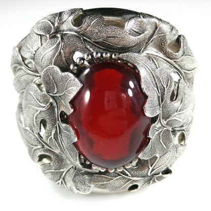 Vintage Whiting & Davis Hinged Cuff Bracelet, Red Glass Cabochon, Rhodium Plated, 1960s Vintage Jewelry