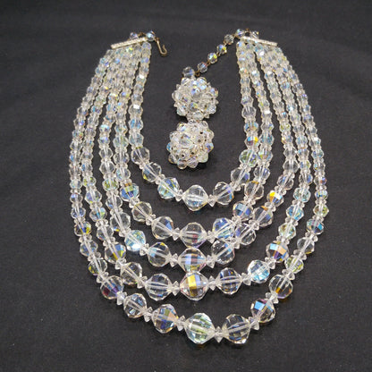 Laguna AB Crystal Beaded Necklace, Five Strands, Aurora Borealis Beads, 1950s