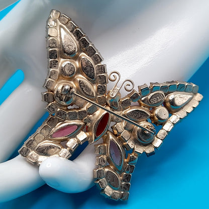 Vintage Weiss Butterfly Brooch, Pink Red Rhinestones, 1950s Jewelry
