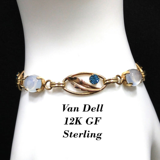 Van Dell 12K Gold Over Sterling Leaves Bracelet, Faux Moonstones, Blue Rhinestones, 1940s Vintage Jewelry