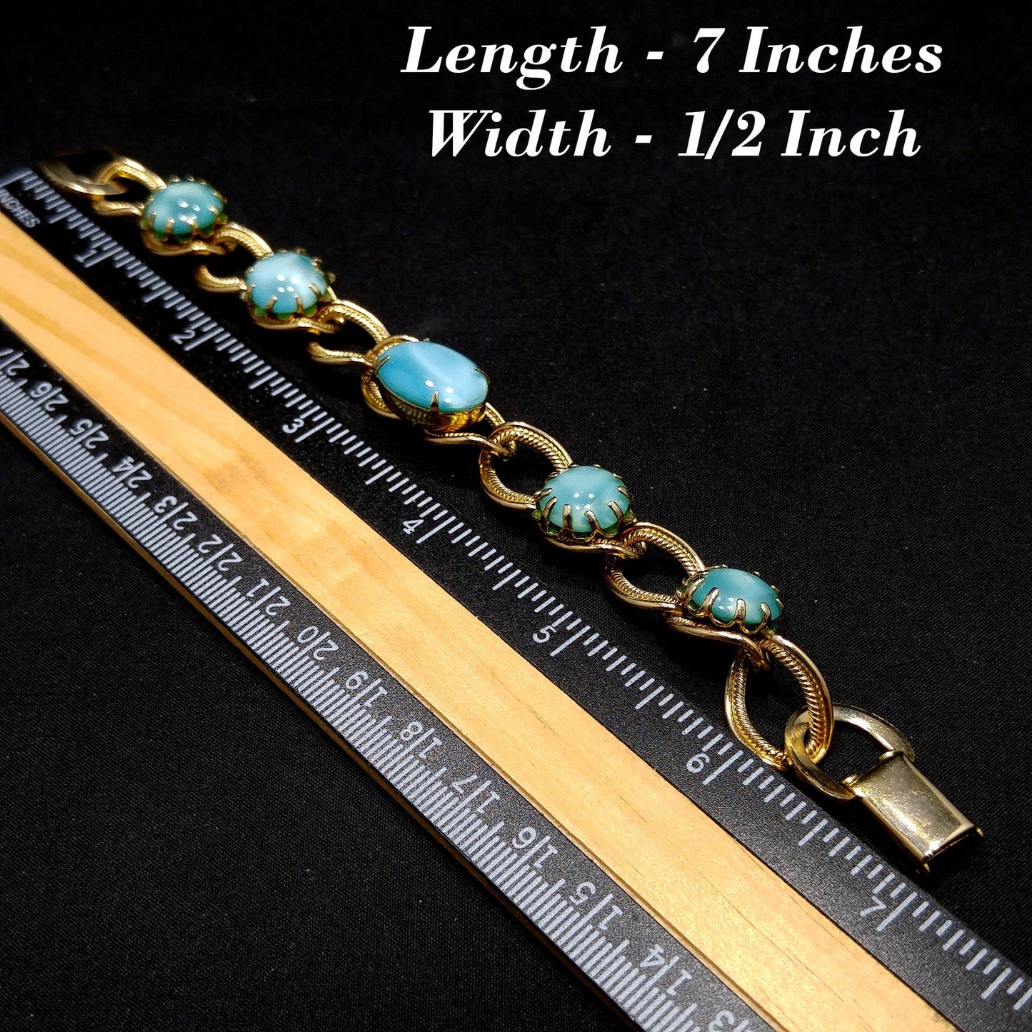 Mid-century Turquoise Art Glass Cabochon Bracelet, Gold Tone, 1950s Vintage Jewelry