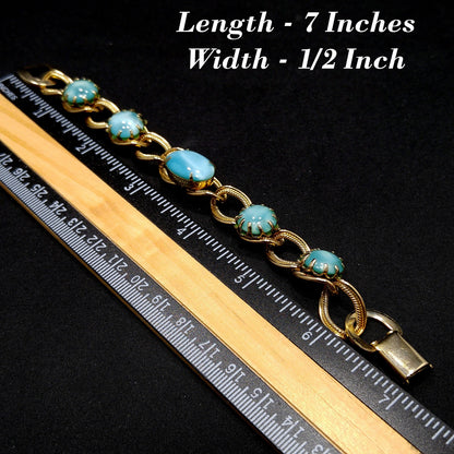 Mid-century Turquoise Art Glass Cabochon Bracelet, Gold Tone, 1950s Vintage Jewelry