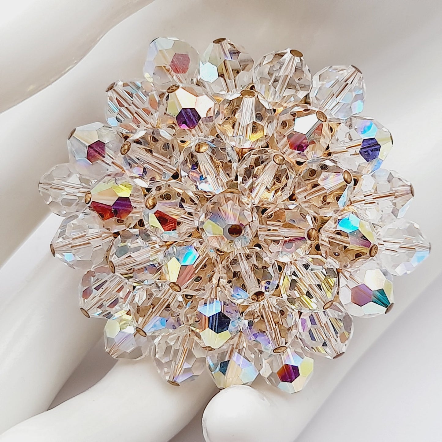 Vintage Crystal Aurora Borealis Clear Beaded 1960s Brooch