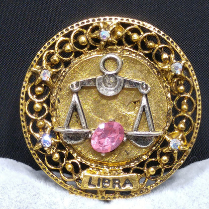 Arthur Pepper "Art" Libra Zodiac Brooch, Pink Rhinestone, 1960s Vintage Jewelry