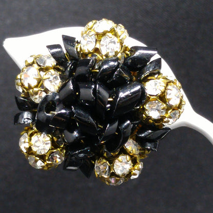 Carnegie Rhinestone Earrings, Black Glass Beads, 1950s Vintage Jewelry